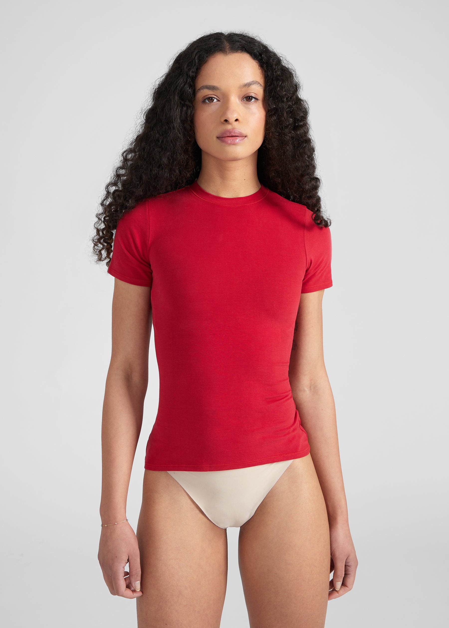 Woman wearing Fitted Shortsleeve T-Shirt - wine