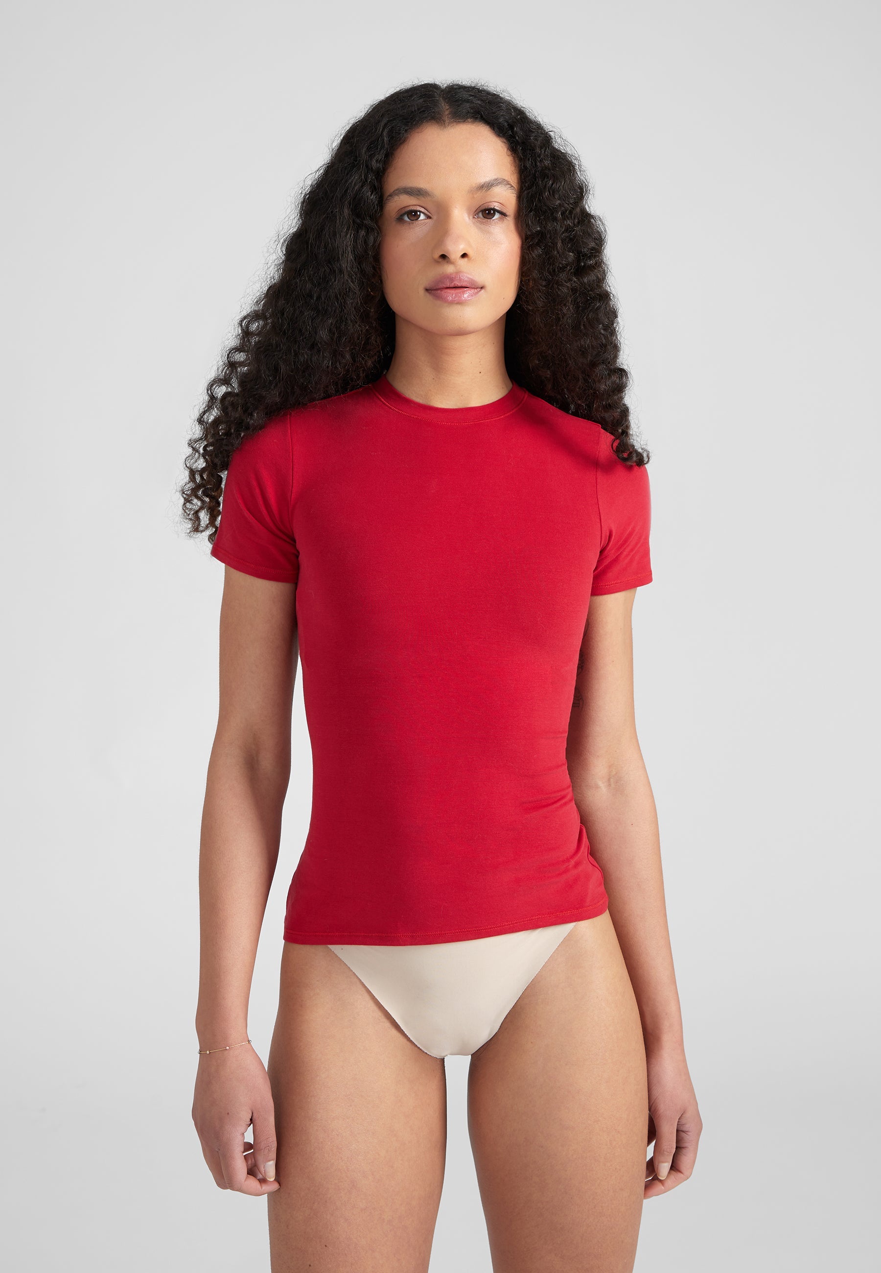 Woman wearing Fitted Shortsleeve T-Shirt - wine