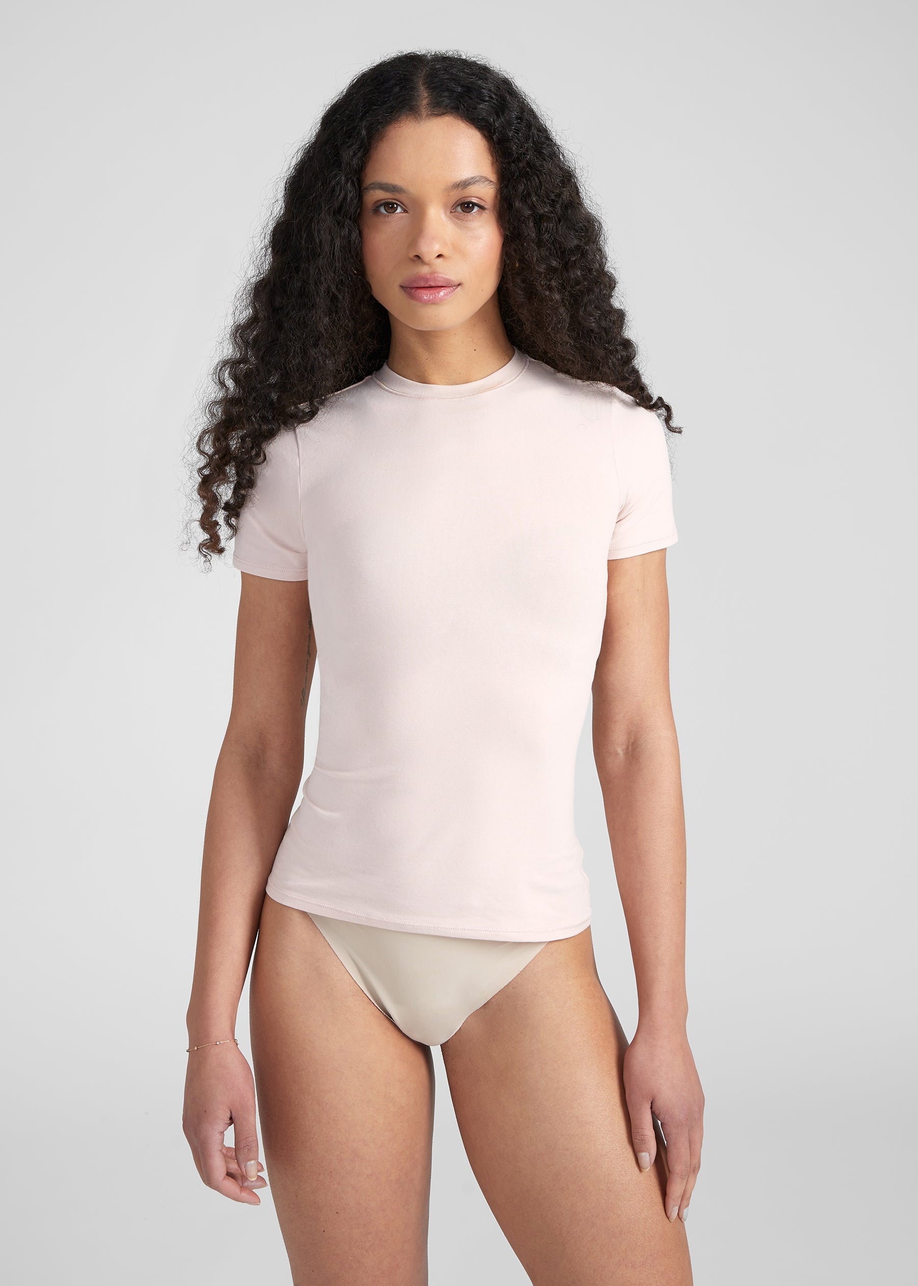 Woman wearing Fitted Shortsleeve T-Shirt - baby pink