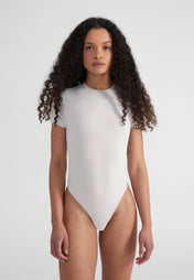 Woman wearing Fitted Shortsleeve  Bodysuit - light grey melange 