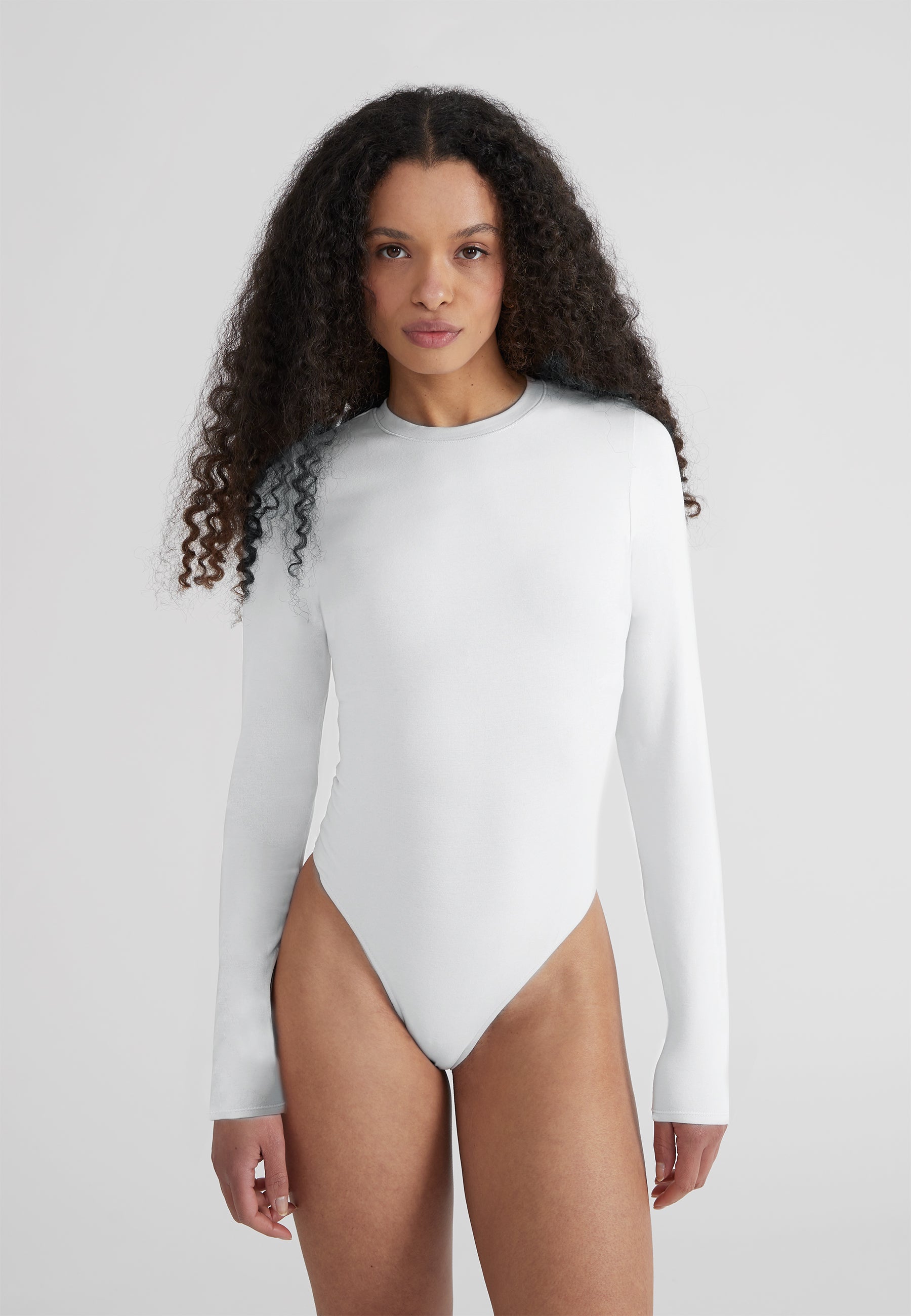 Woman wearing Fitted Longsleeve Bodysuit -  light grey melange