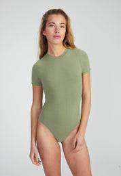 Woman wearing Fitted Shortsleeve  Bodysuit - olive