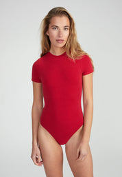 Woman wearing Fitted Shortsleeve  Bodysuit -wine