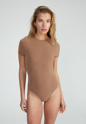 Woman wearing Fitted Shortsleeve  Bodysuit - wood