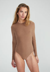 Woman wearing Fitted Longsleeve Bodysuit - wood