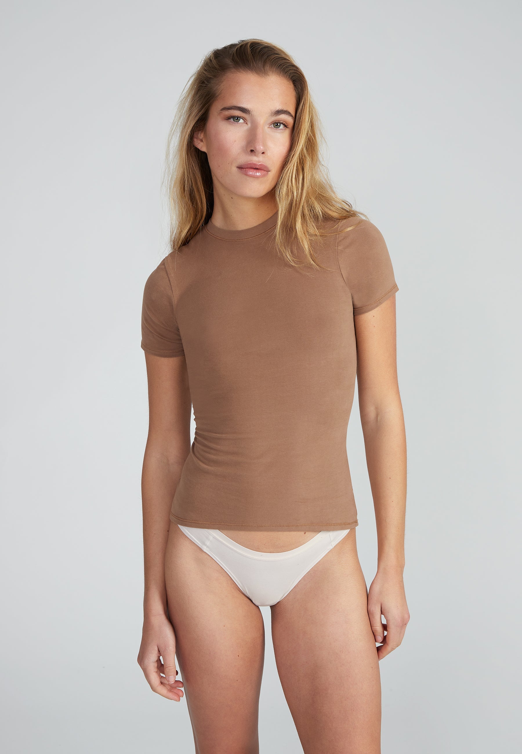 Woman wearing Fitted Shortsleeve T-Shirt - wood