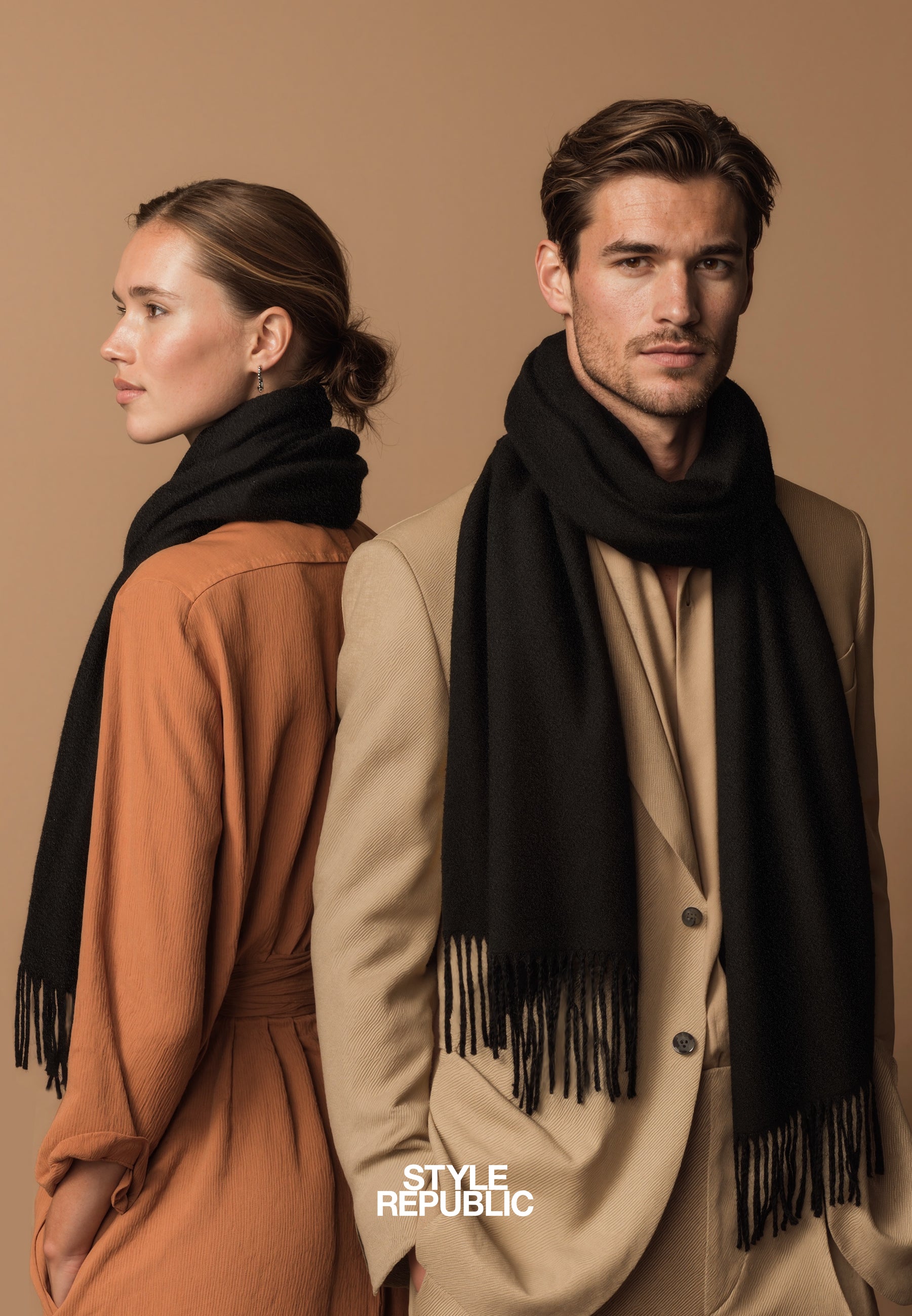 Unisex  100% Kaschmir Schal mit Fransen - black