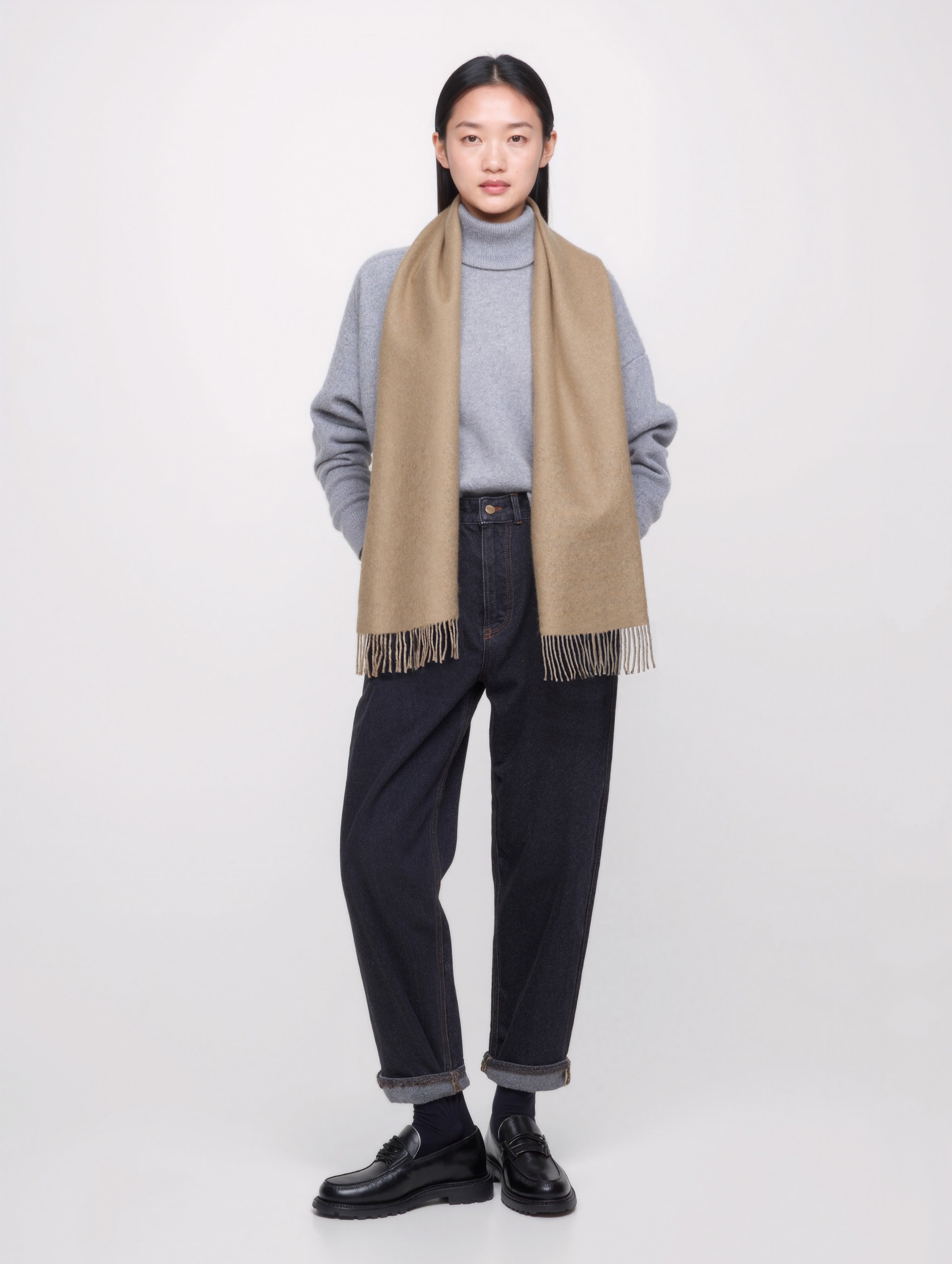 Unisex 100% Kaschmir Schal mit Fransen - camel melange