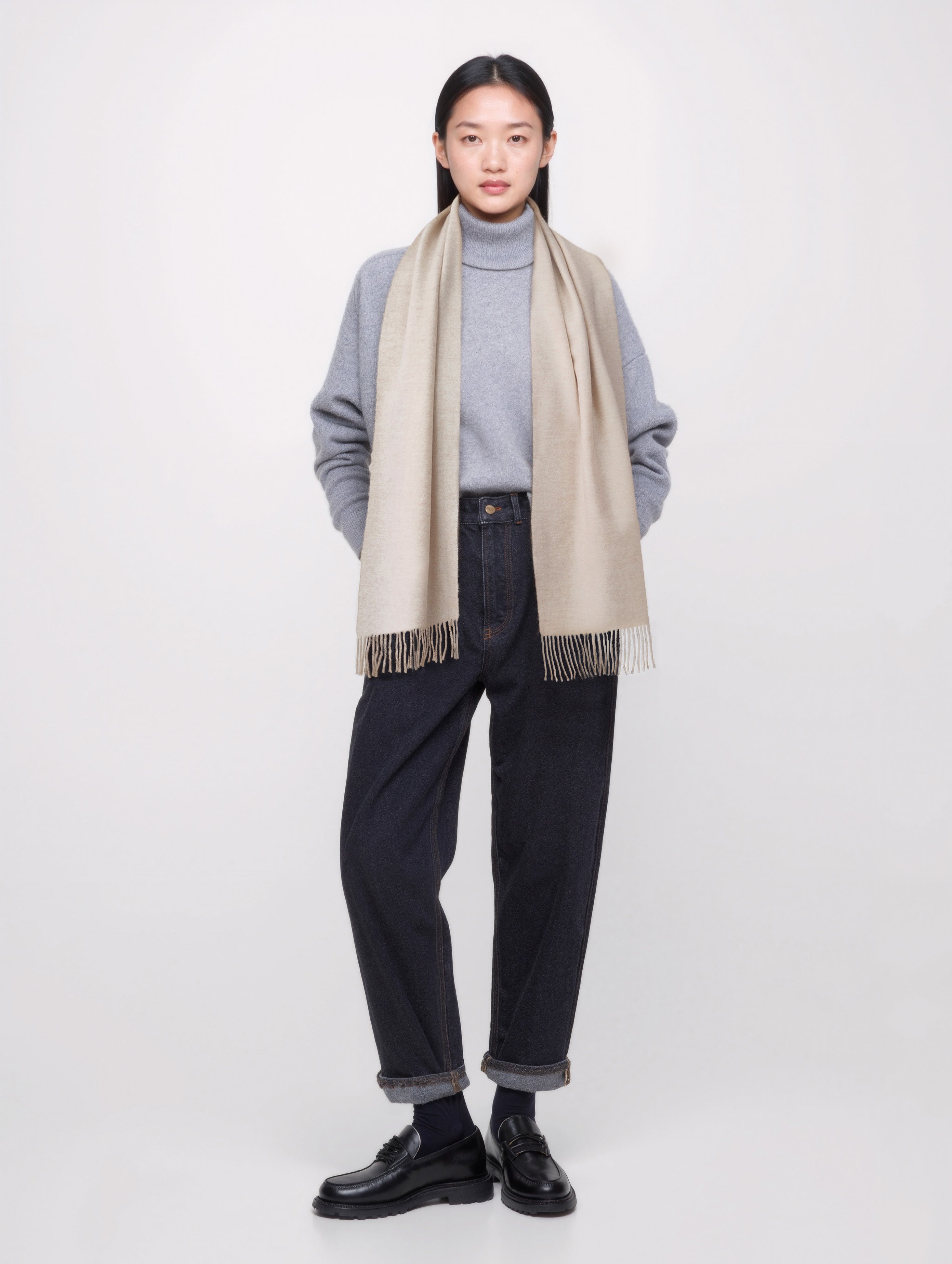 Unisex 100% Kaschmir Schal mit Fransen - cream