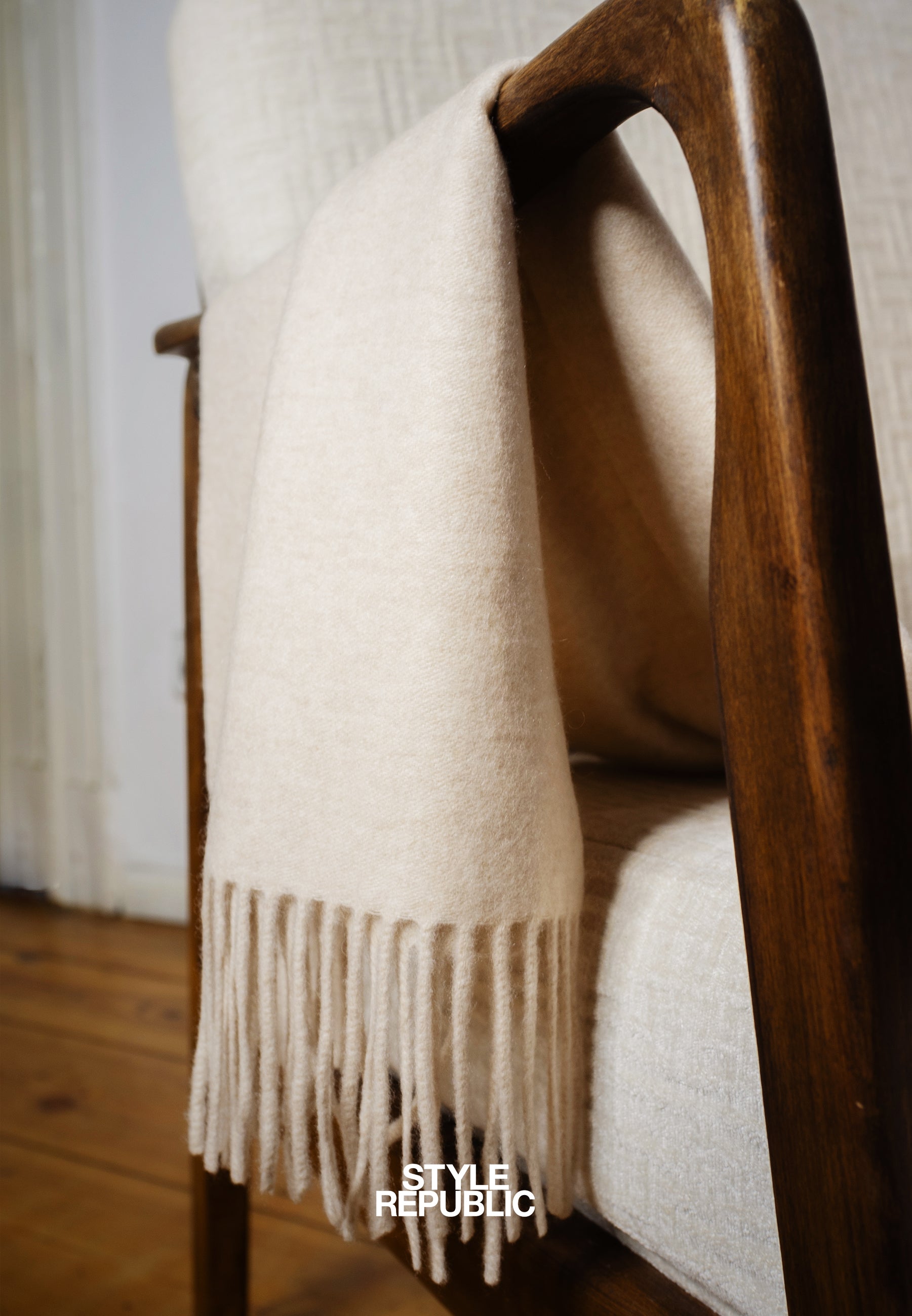 Unisex 100% Kaschmir Schal mit Fransen - cream
