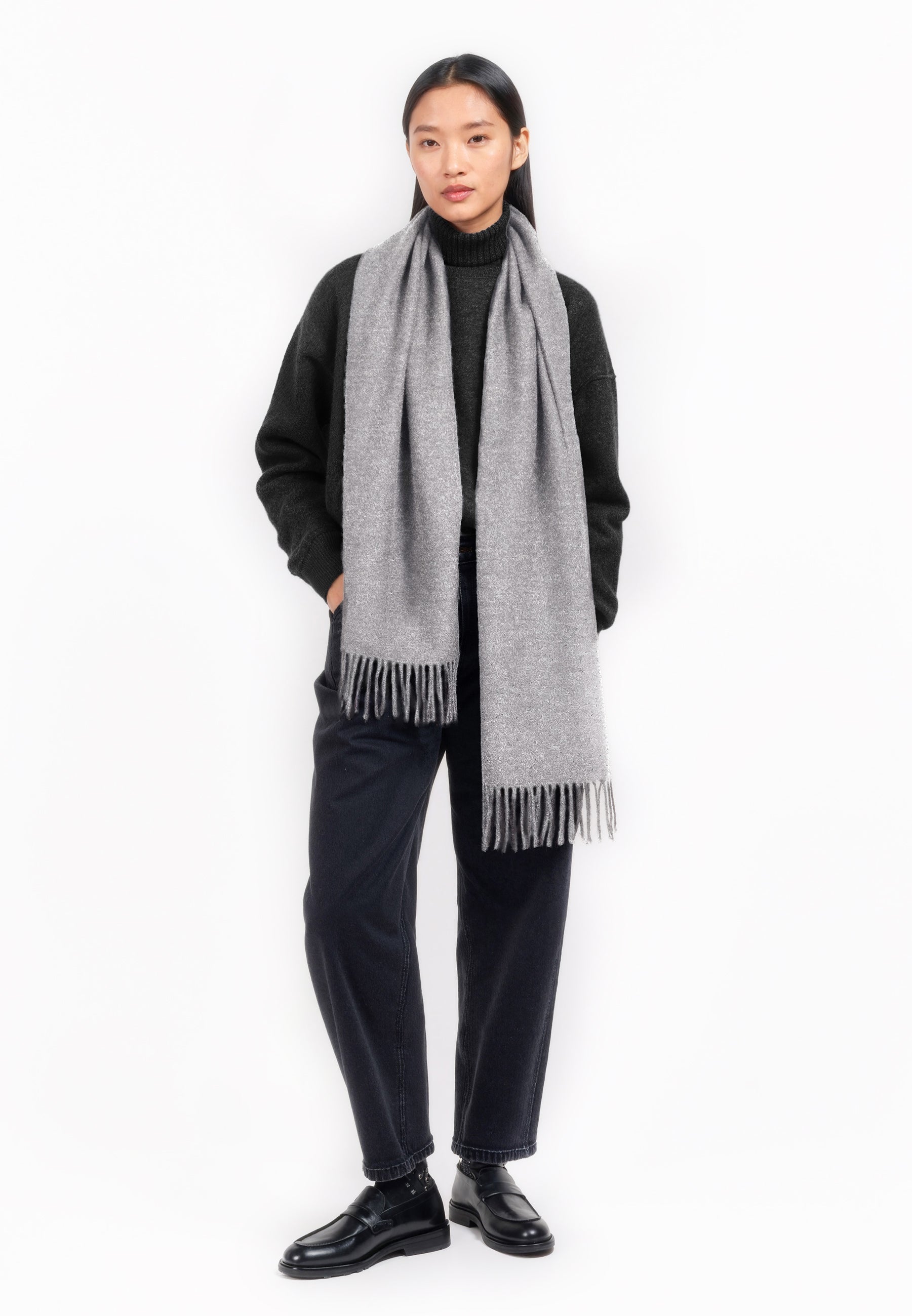 Unisex 100% Kaschmir Schal mit Fransen - dark grey melange